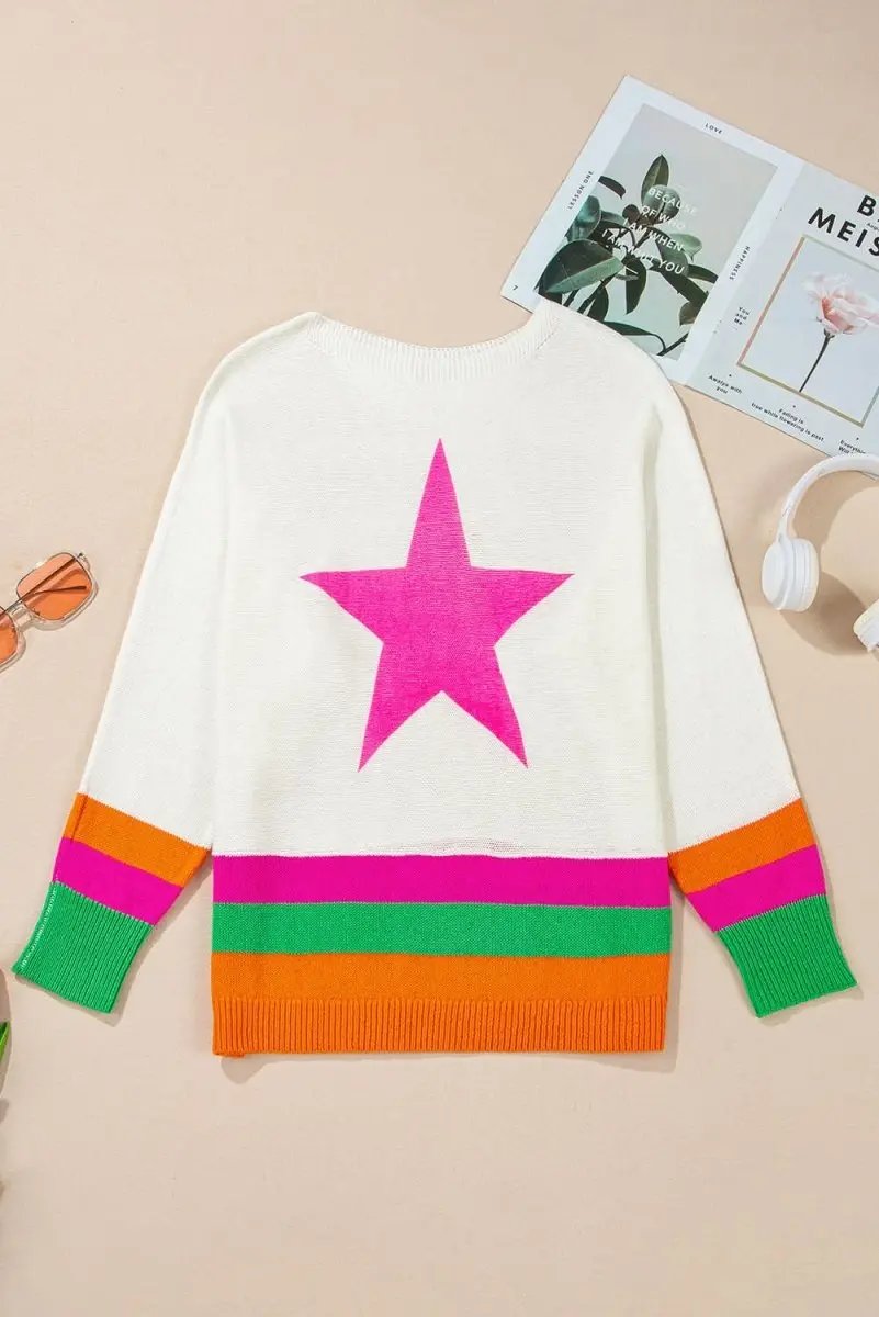 White Star Pattern Colorblock Striped Edge Drop Shoulder Sweater - Love Salve